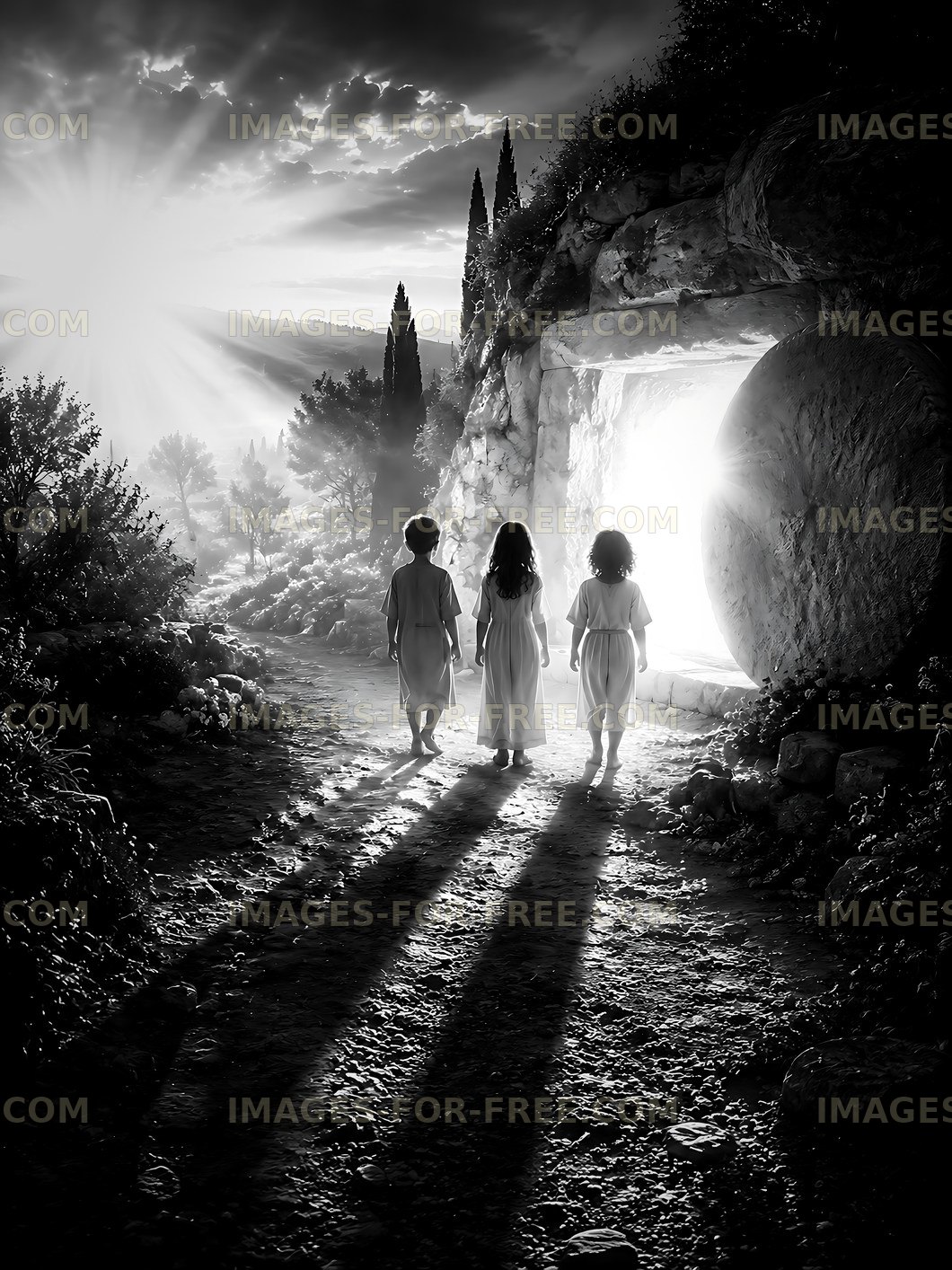 Children walking towards a bright entrance in a rocky landscape