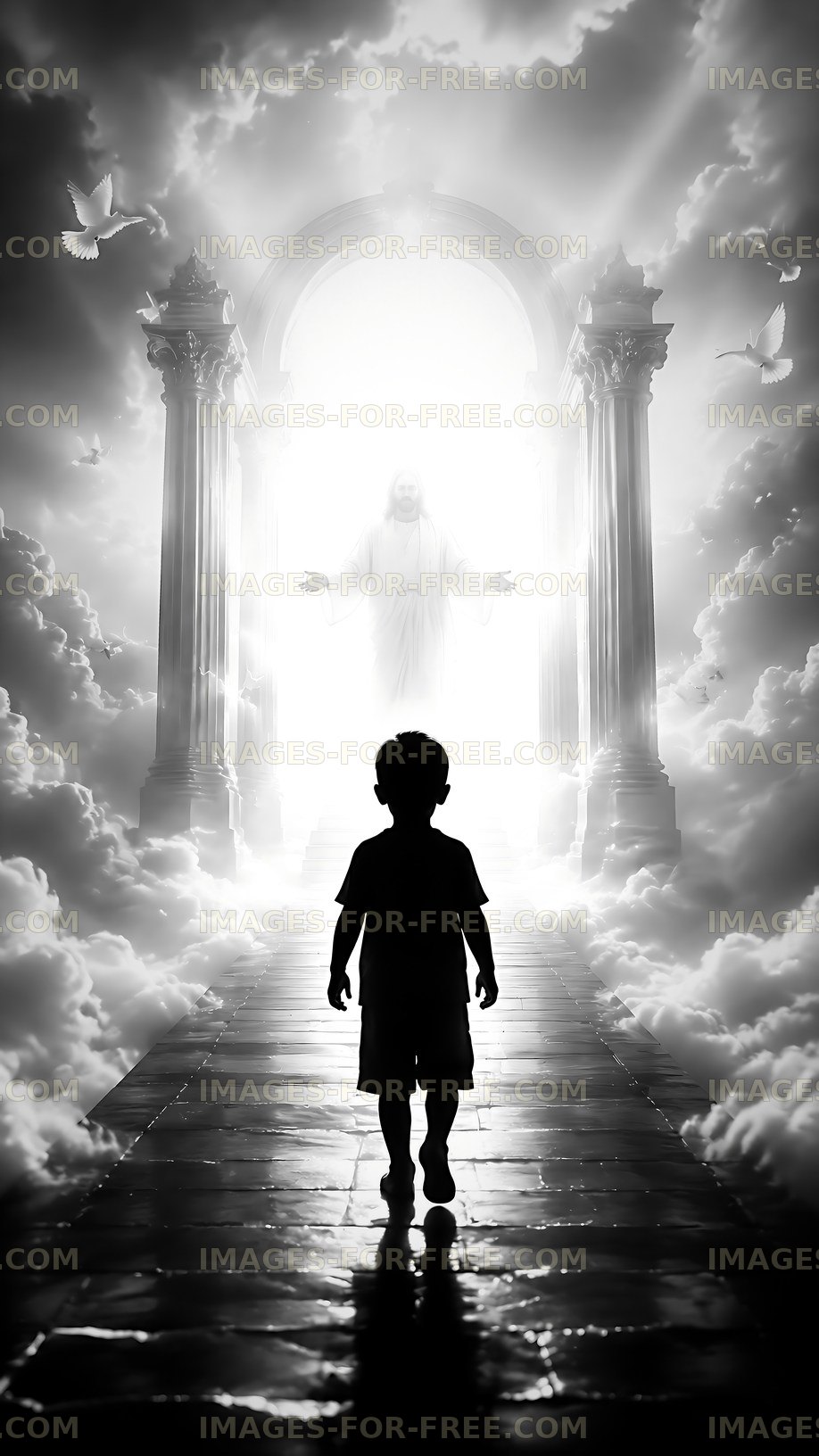 Child walking towards a figure in a bright light