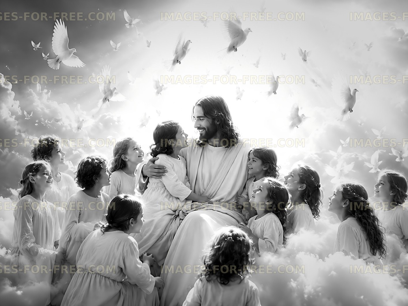 Children gather around figure in clouds with doves above