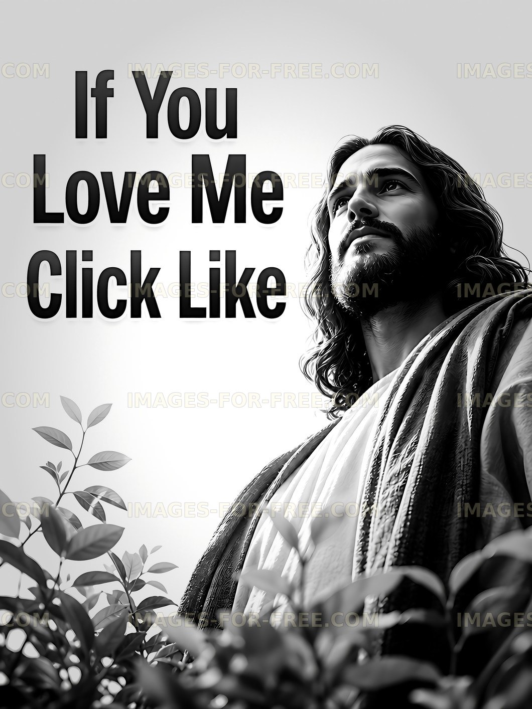 Jesus figure with text encouraging social media interaction