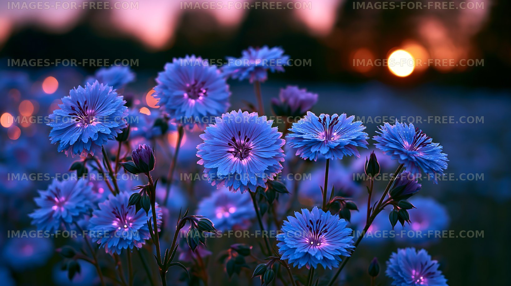 Blue flowers blooming at sunset in a field