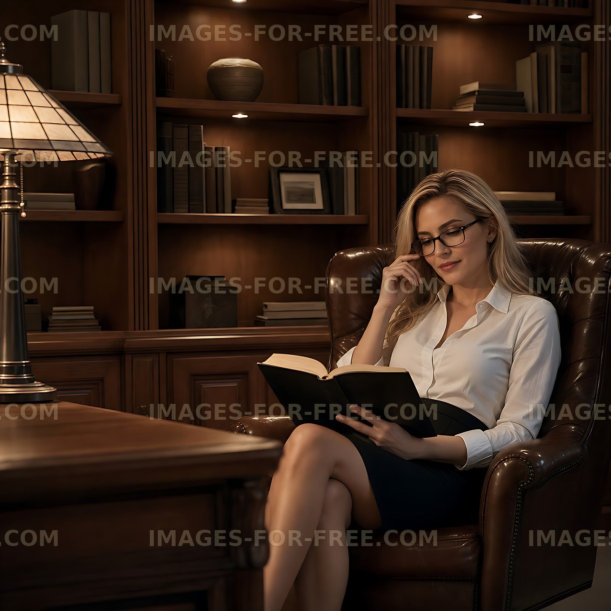 Woman reading a book in a cozy library setting