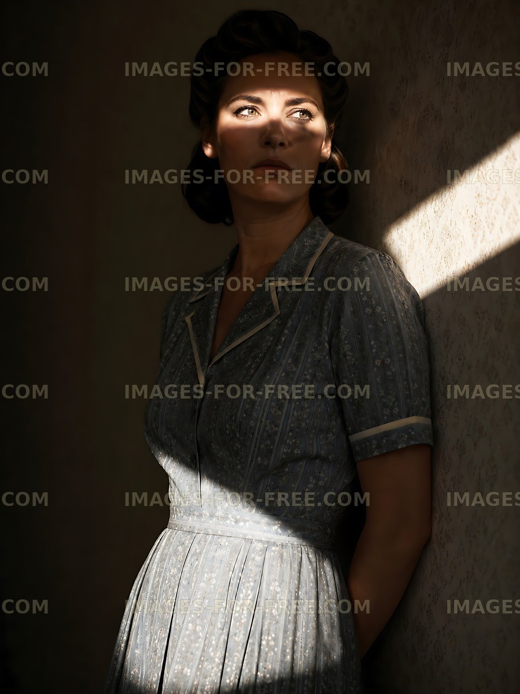 Woman in vintage dress near wall with sunlight streaming