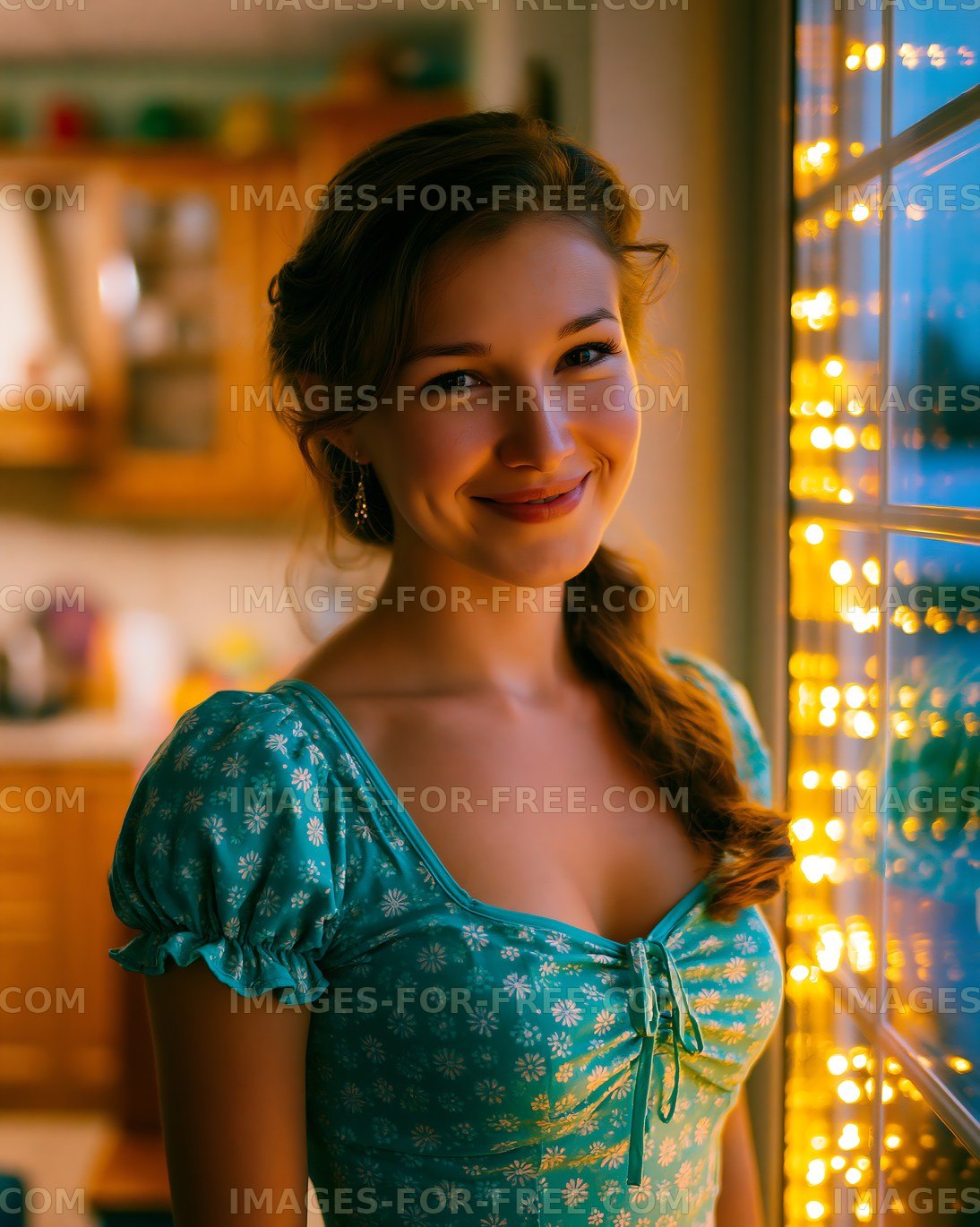 Woman standing by a window with warm lights in the background