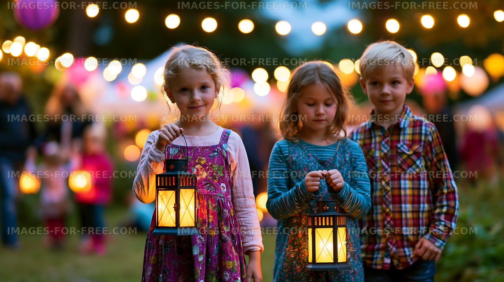 Children holding lanterns at a festive evening event