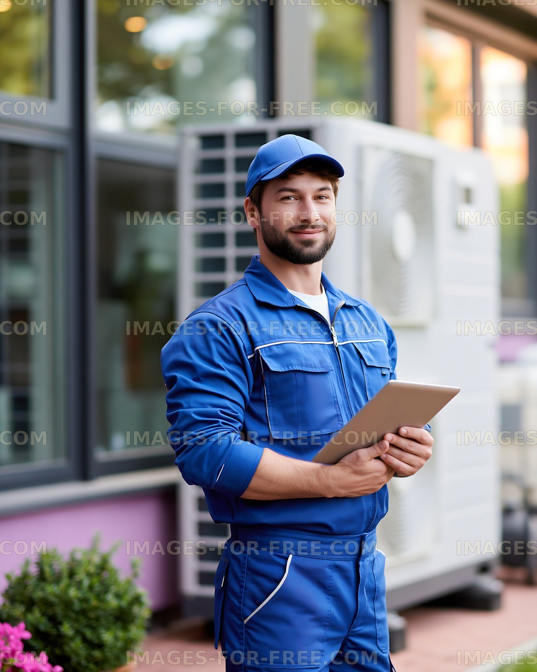 Professional technician with tablet standing outside facility