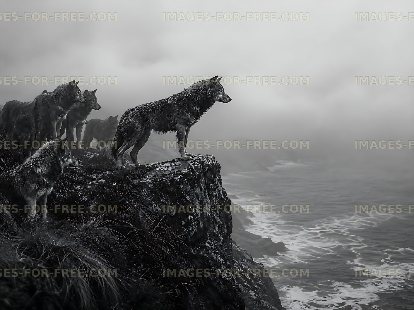 Wolves on a rocky cliff overlooking a stormy sea