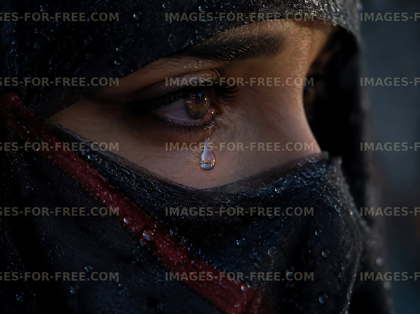 Woman in hijab with tear on cheek in rainy setting