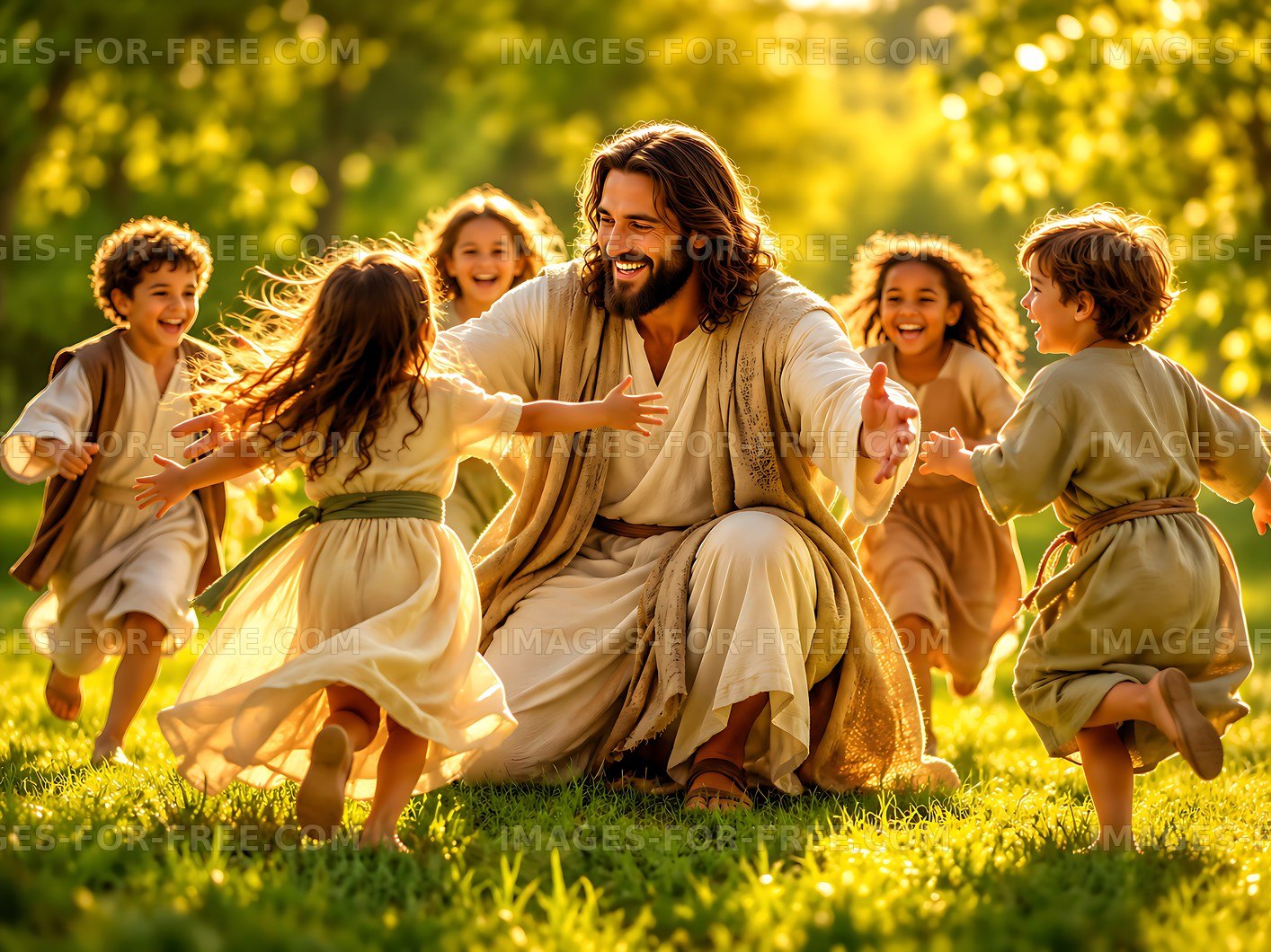 Joyful gathering of children with man in natural setting