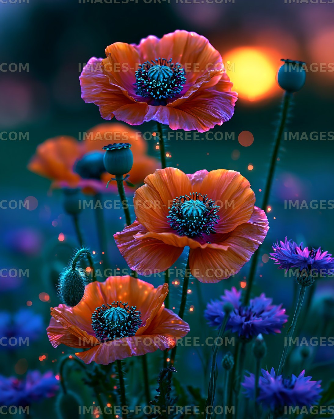 Vibrant poppies and flowers during sunset