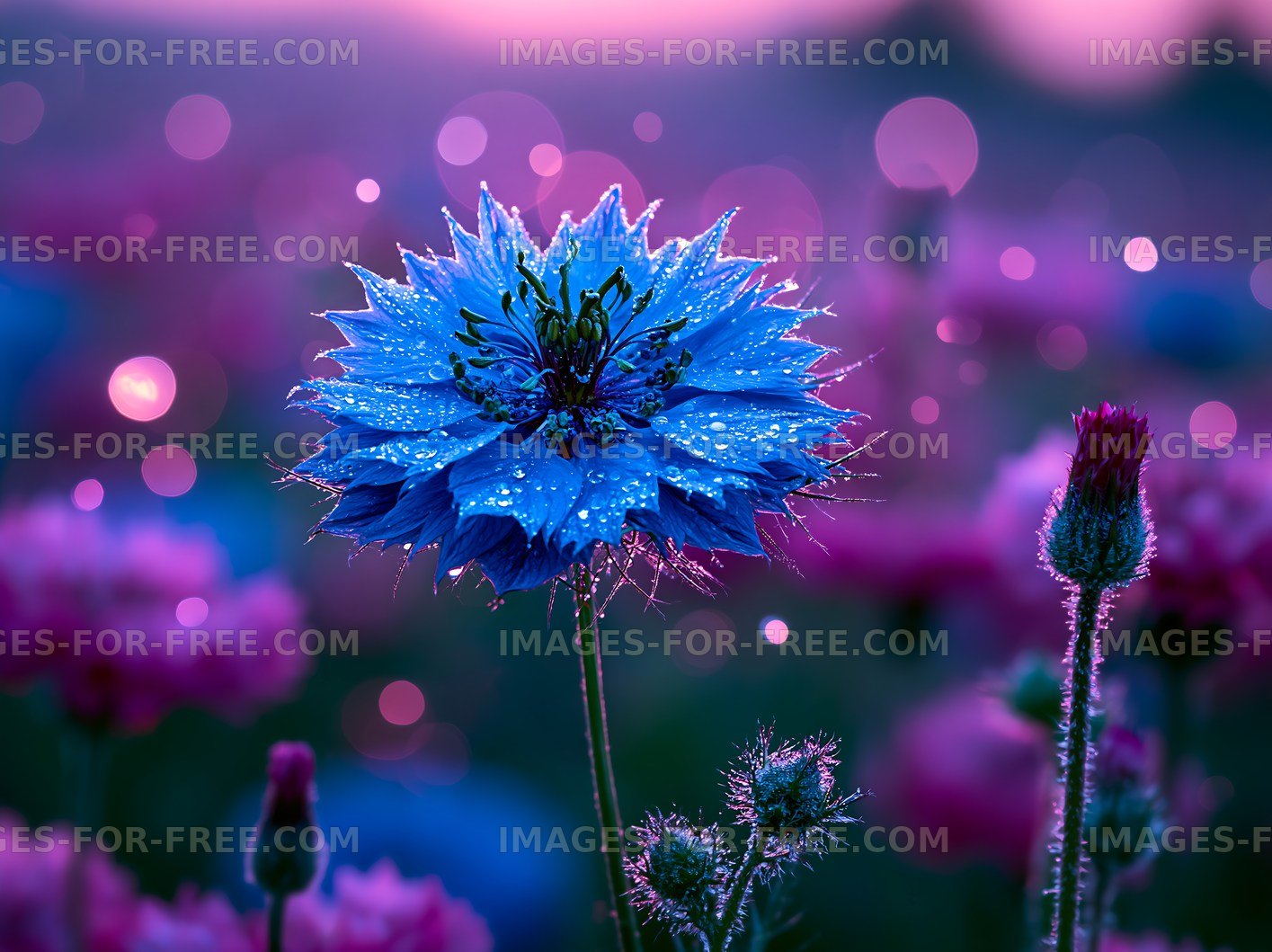 Blue flower with dew in a colorful field at dawn