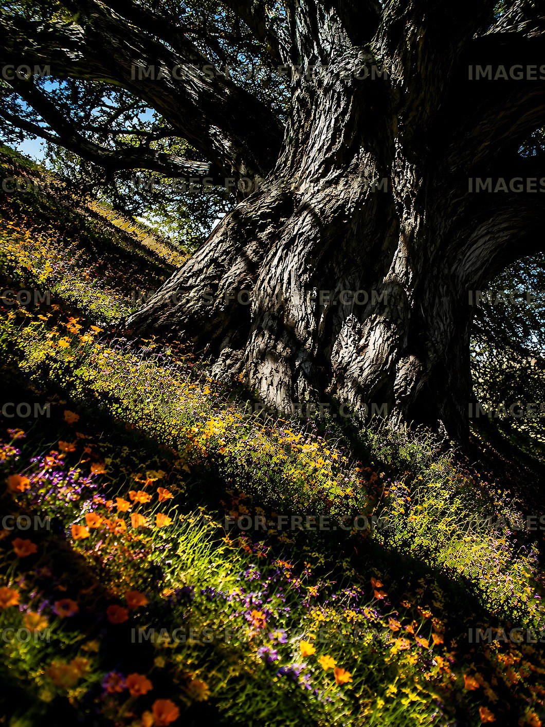 Large tree with flowers on the ground during a sunny day