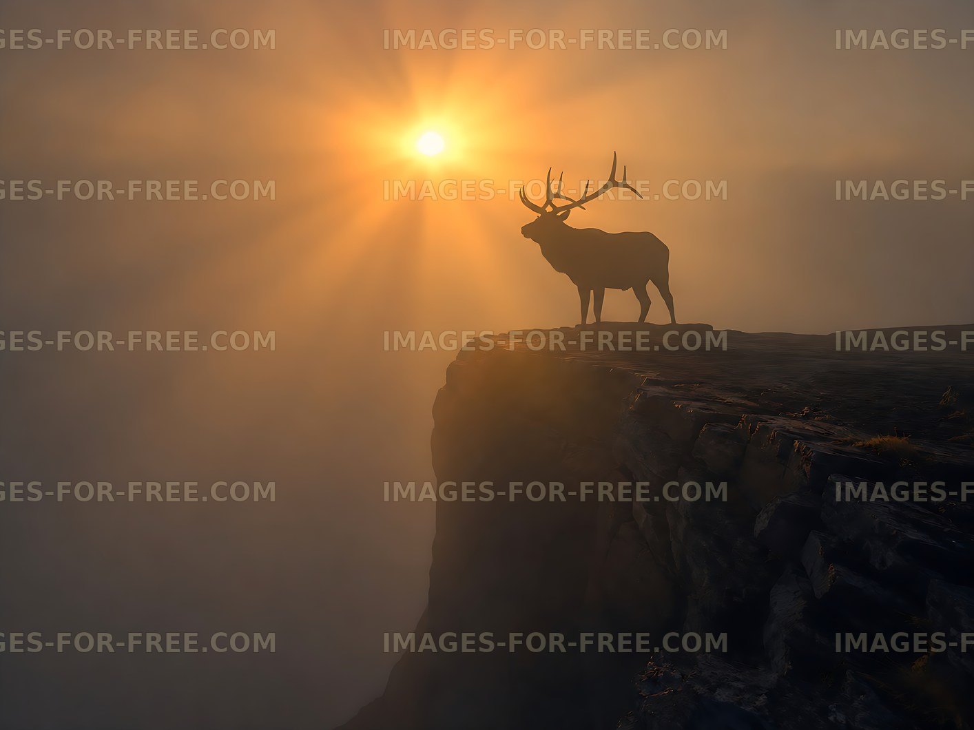 Stag standing on a cliff against a bright sunset