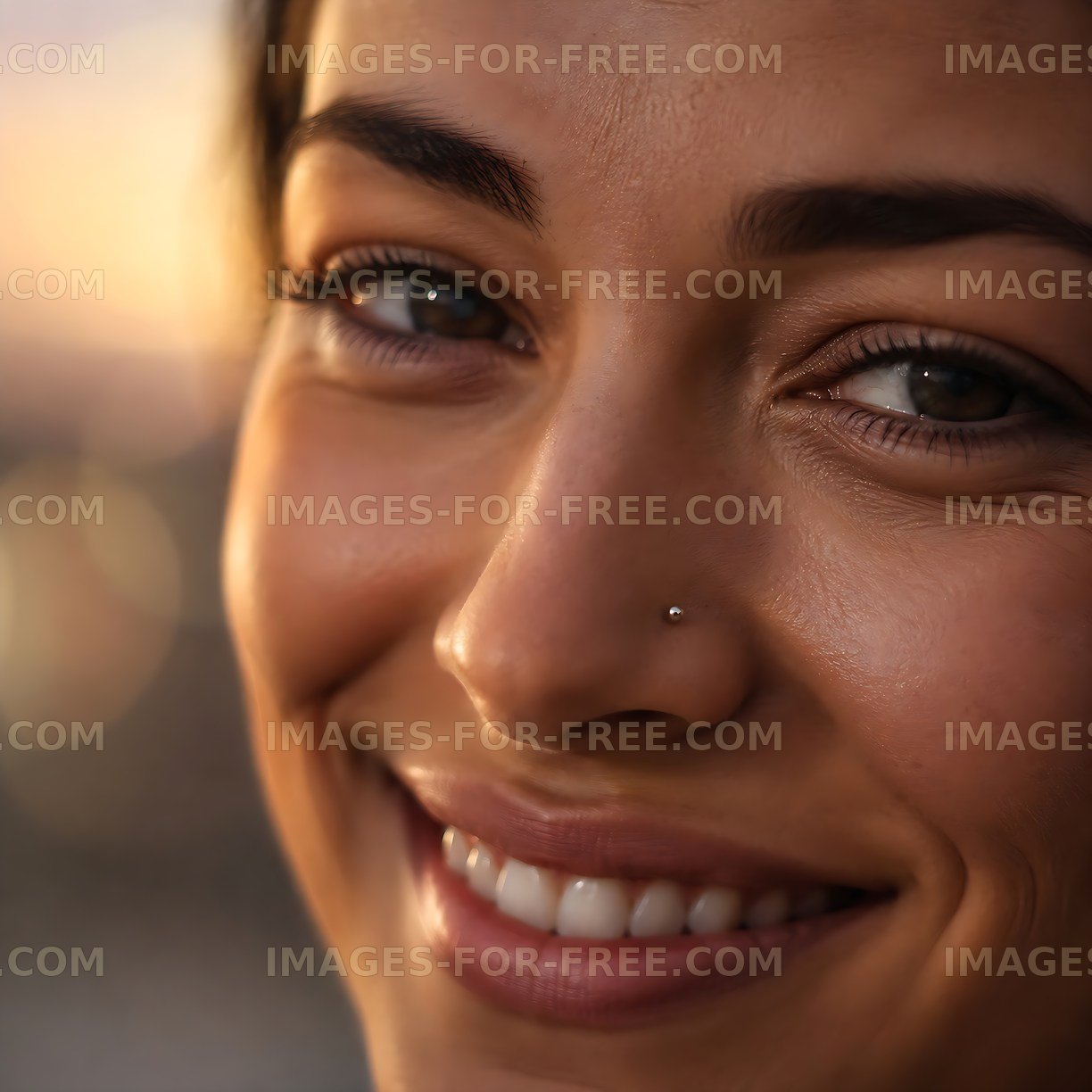 Smiling woman with piercing during sunset
