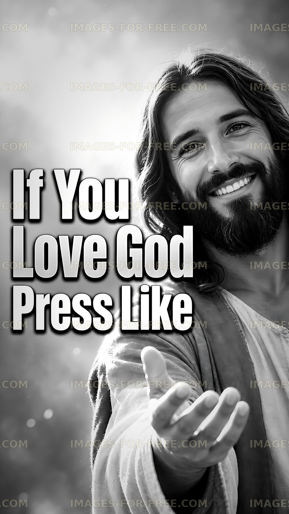 Smiling man extending hand with text about love for God