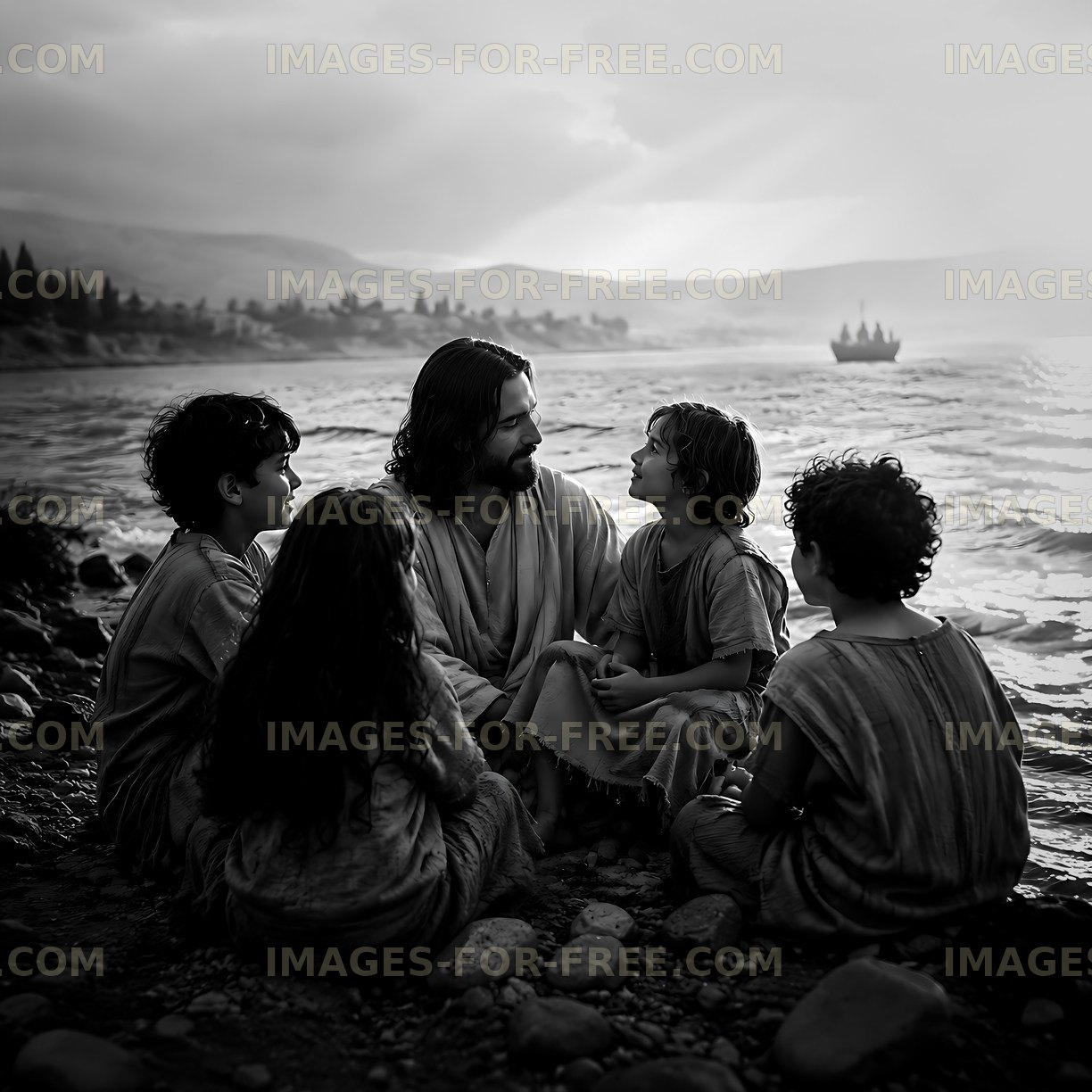 Man telling stories to children by the water