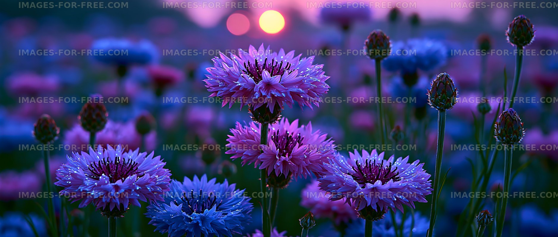 Colorful flowers blooming at sunset in a field