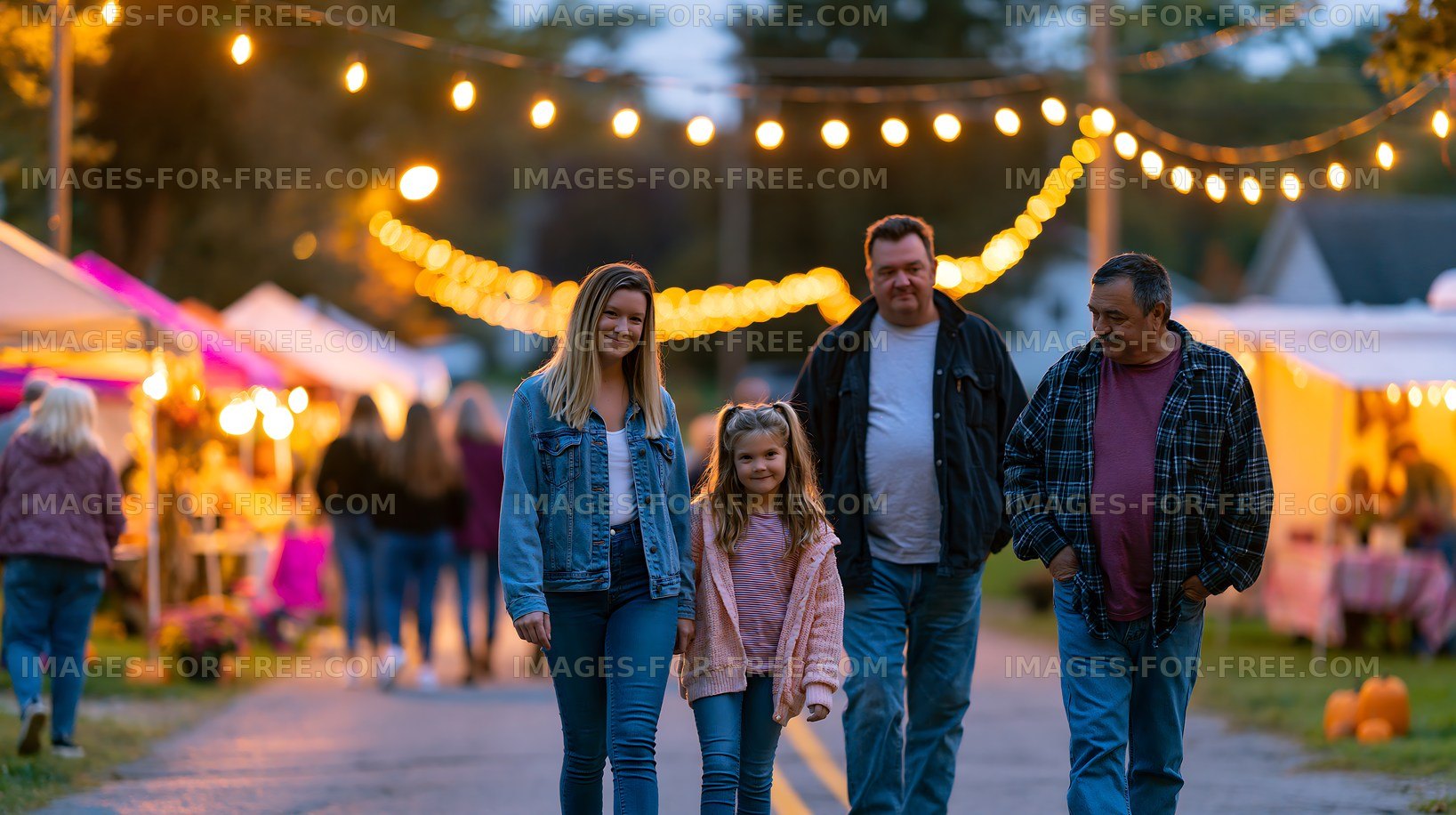 Family enjoying a stroll at a festival during the evening