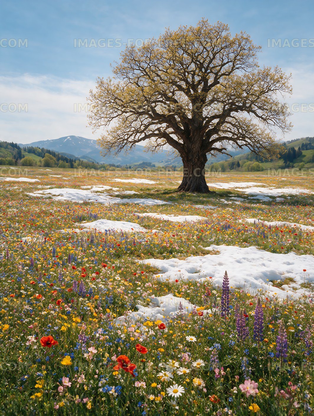 Blooming meadow under a tree with snow patches in spring