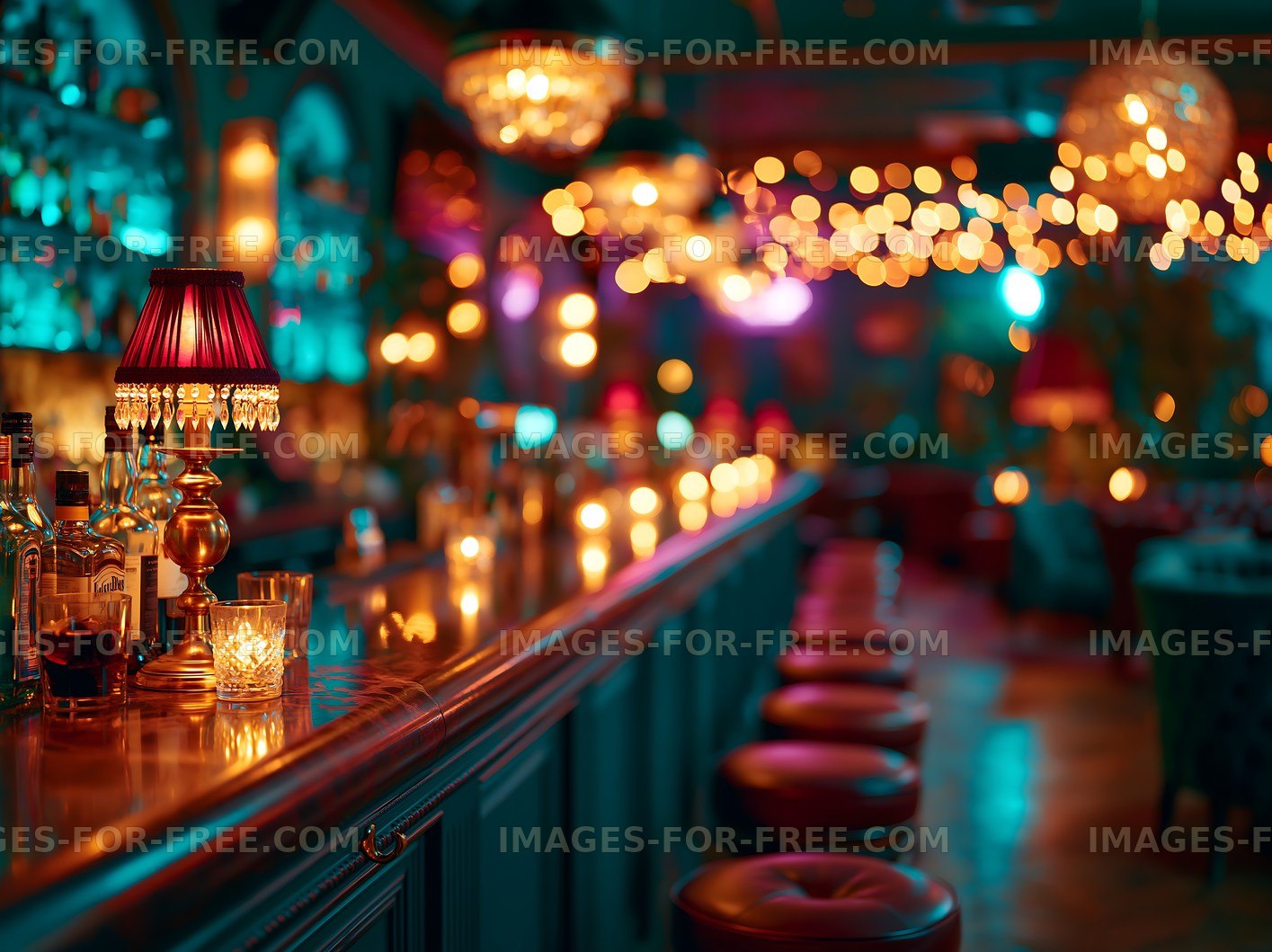 Bar interior with warm lighting and decorative lamps