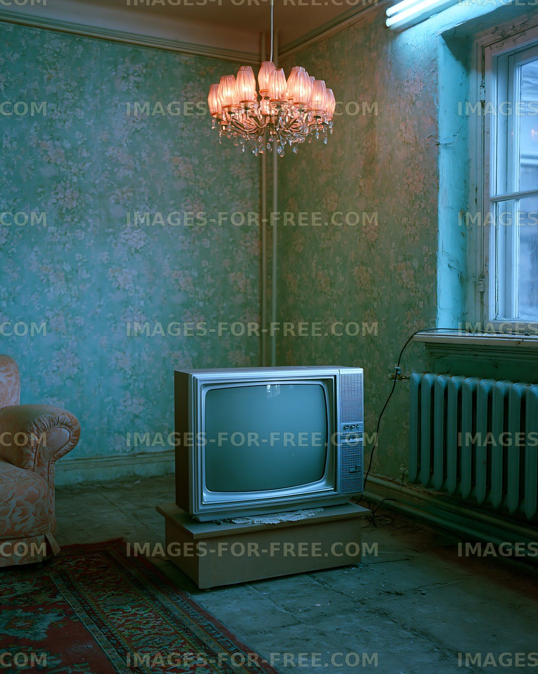 Vintage television in a retro room with a chandelier