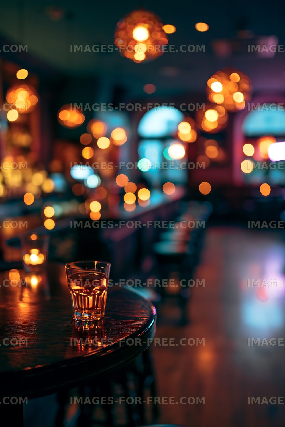 Glass of whiskey on wooden table in dimly lit bar