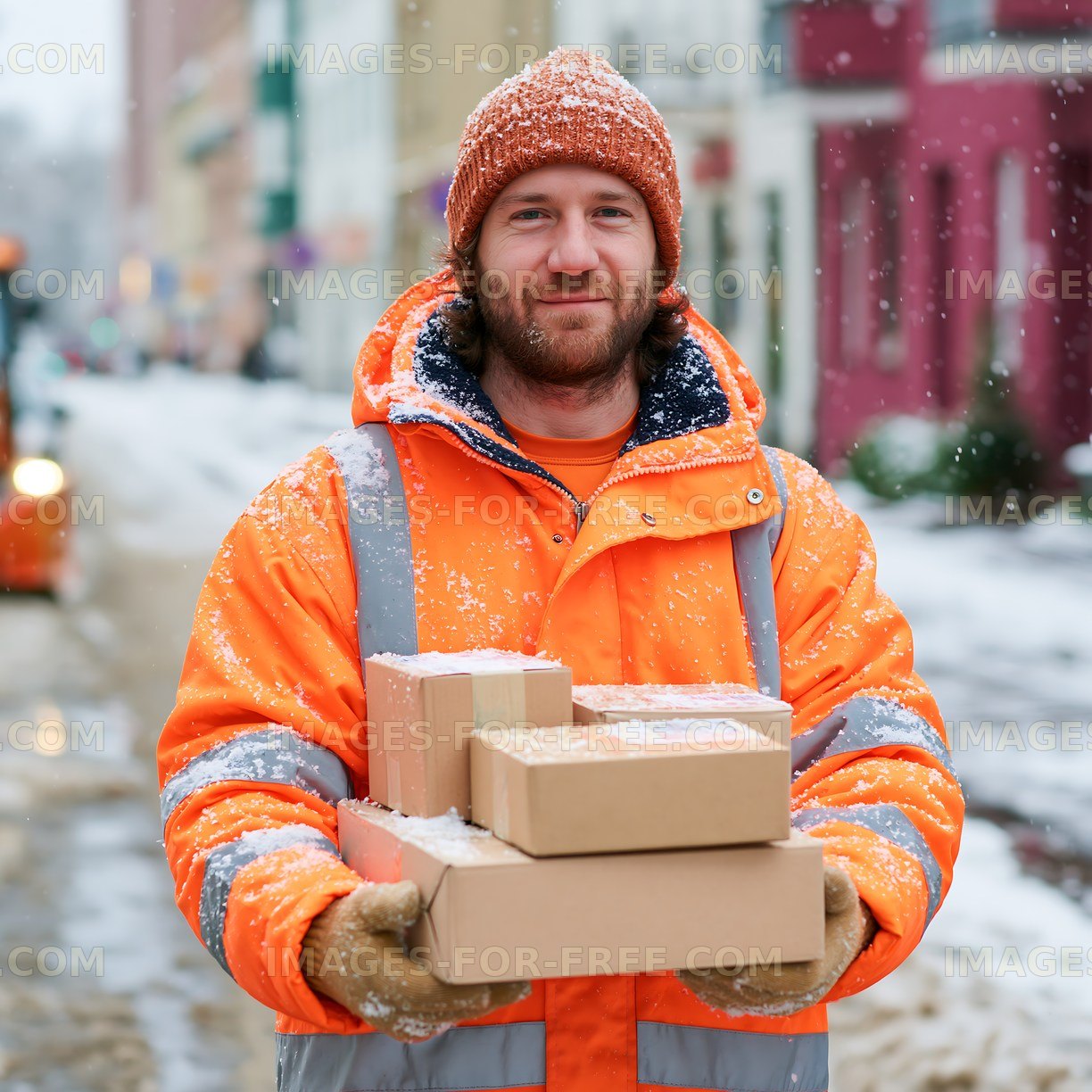 Delivery person holding parcels in a snowy street