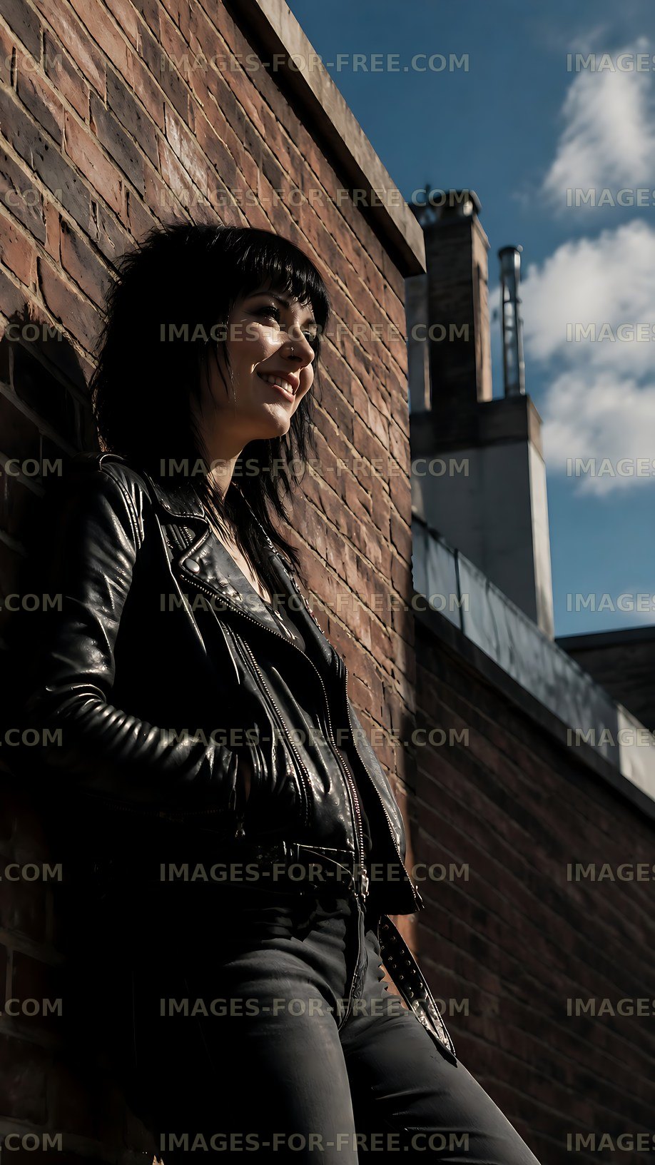Woman in leather jacket standing against brick wall