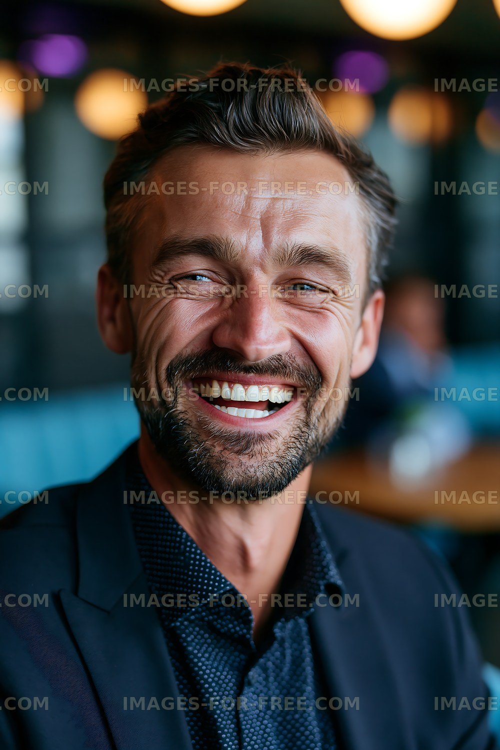 Man smiling in urban cafe setting with modern decor