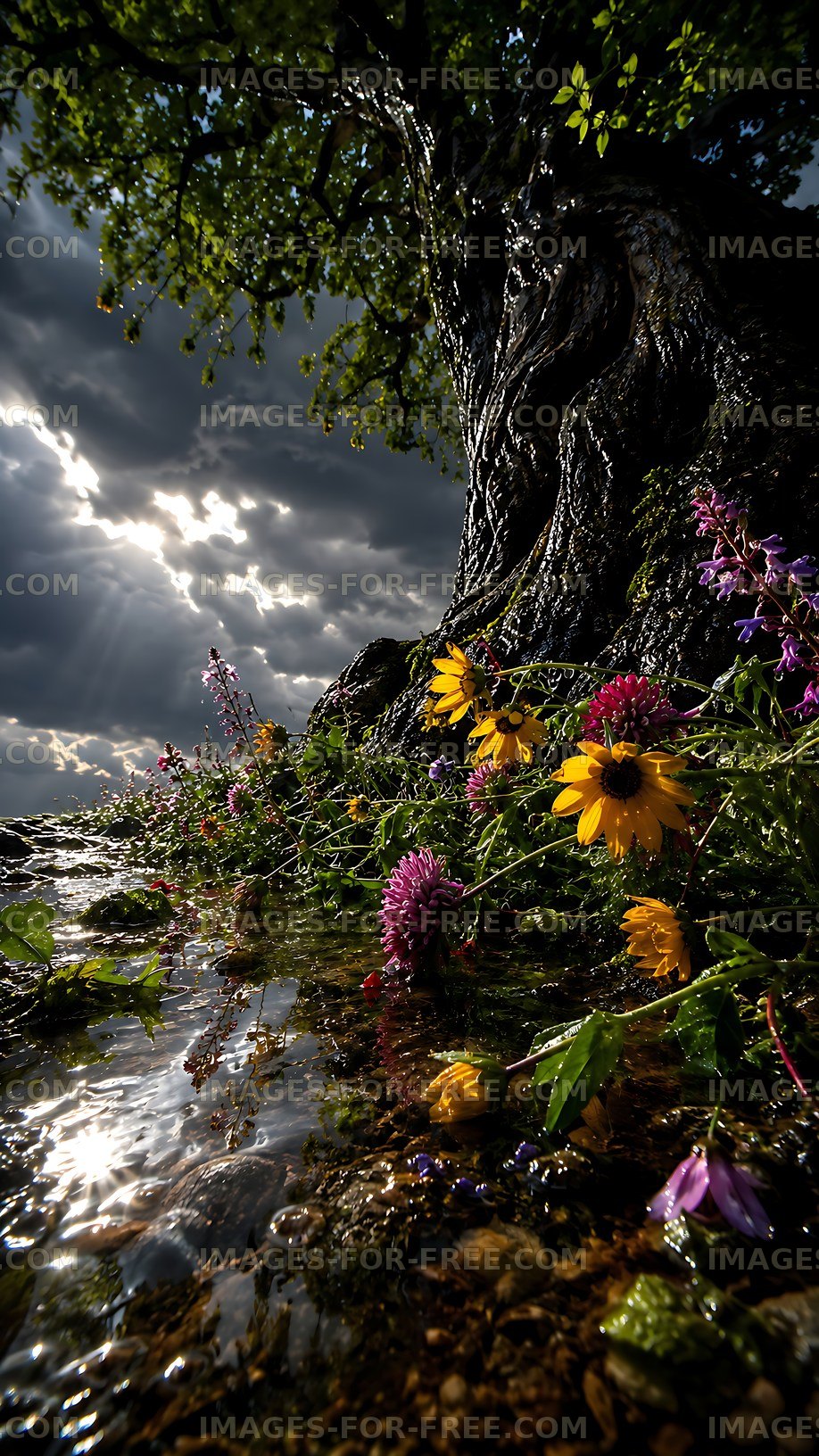Colorful flowers near a tree by the water under a cloudy sky