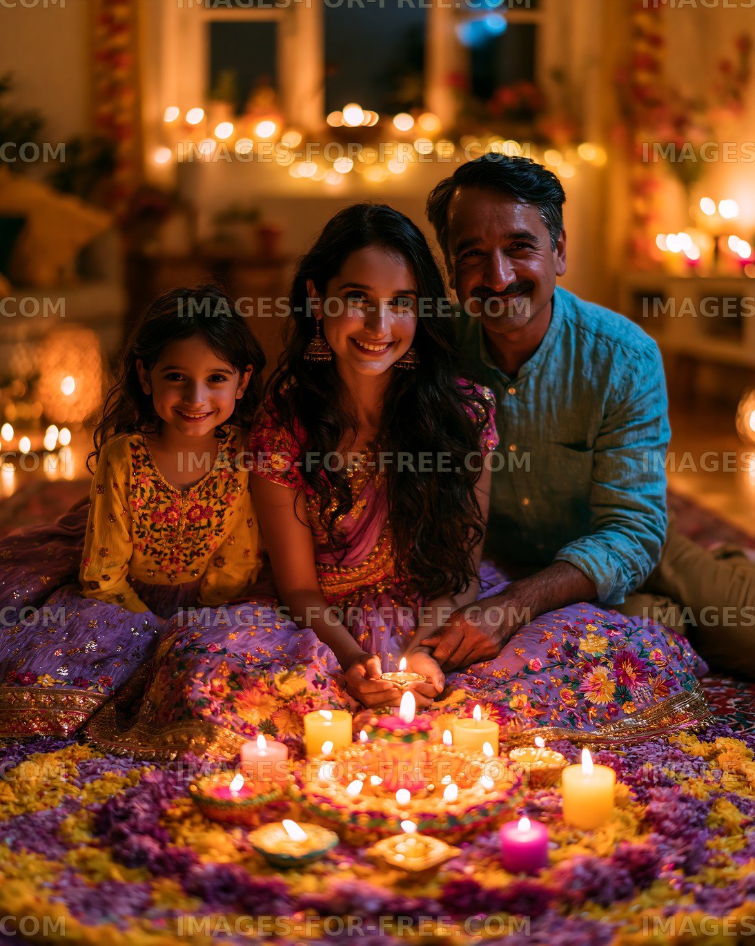 Family celebration during festival with candles and decorations