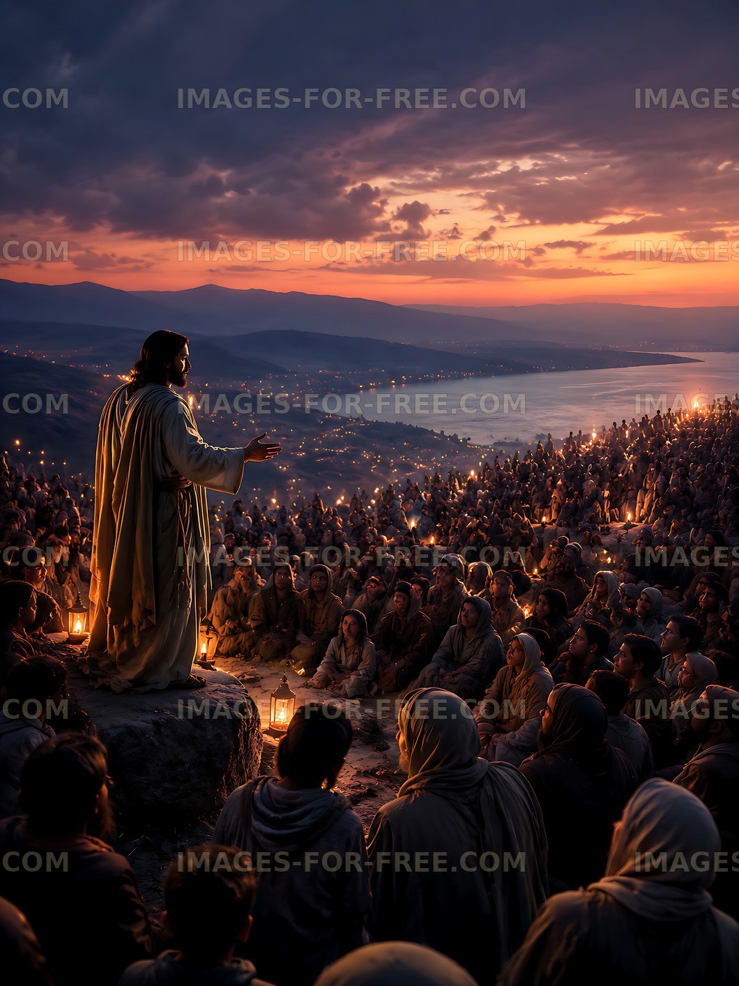 Crowd listening to a speaker during sunset on a mountain