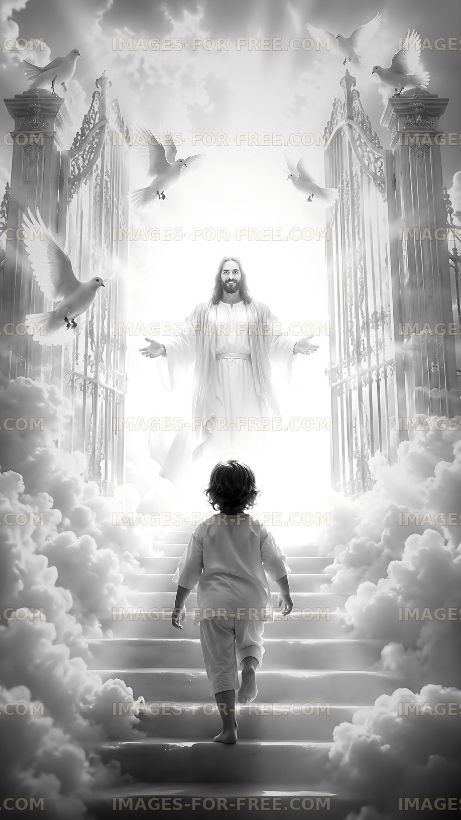 Child approaching a figure at the gates with doves in the sky