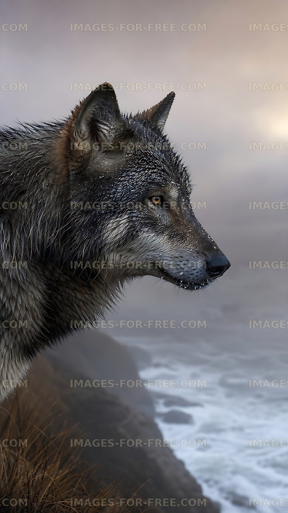 Wolf standing by the ocean at sunset