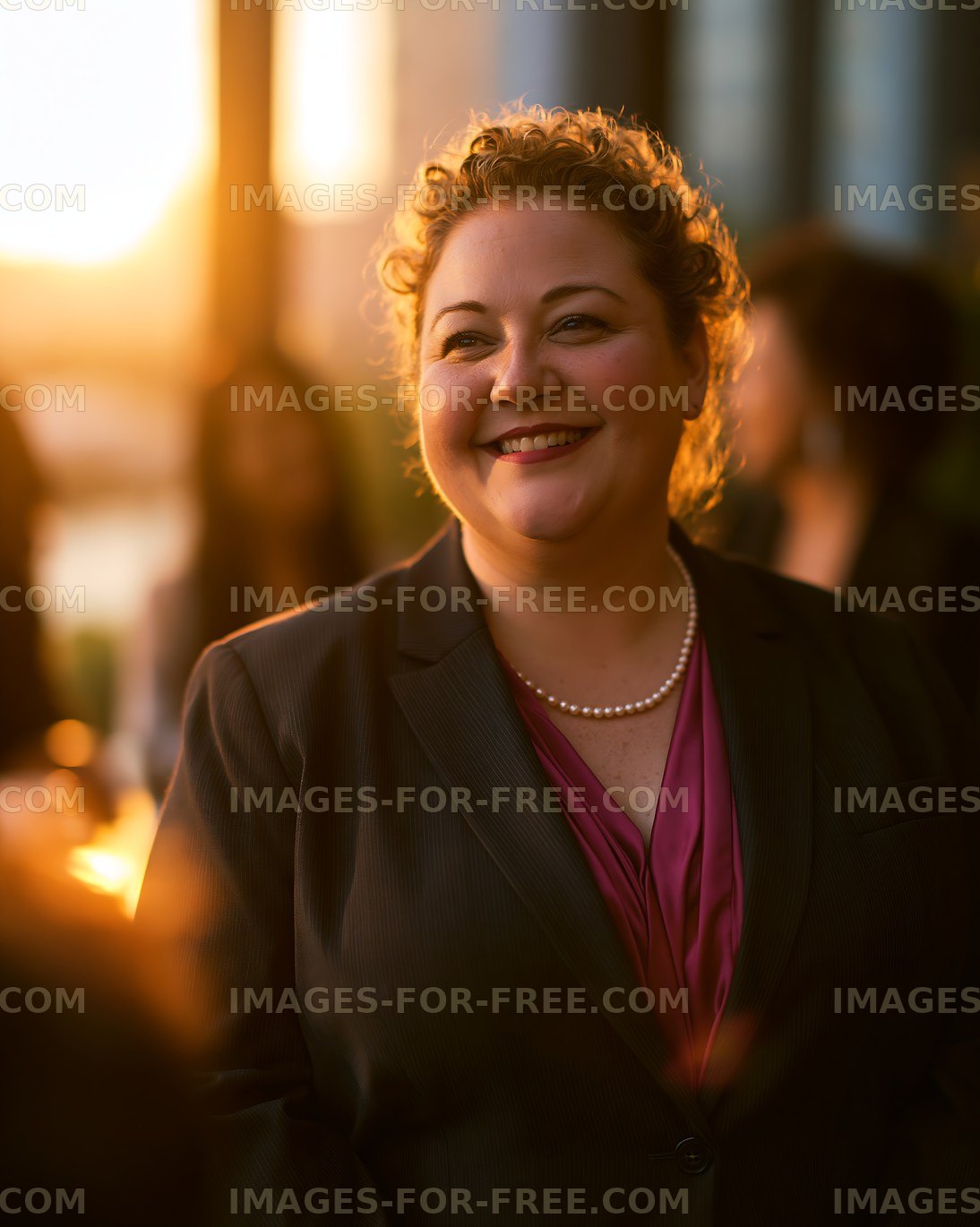 Woman in business attire smiling during sunset event