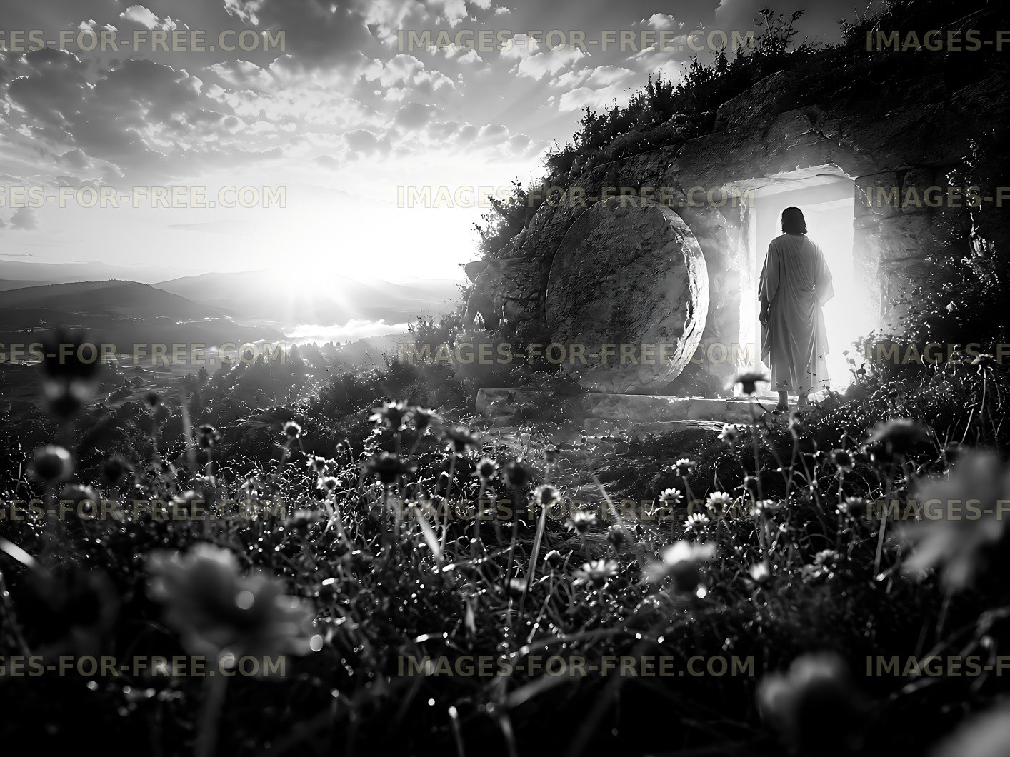 Person standing at the entrance of an ancient stone tomb
