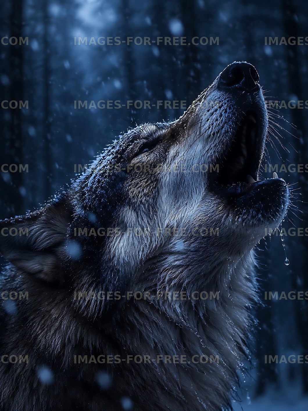 Wolf howls in the snowy forest under a night sky