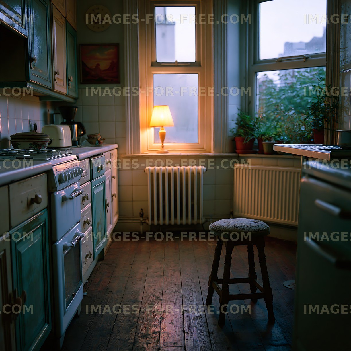 Cozy kitchen with vintage decor and warm light