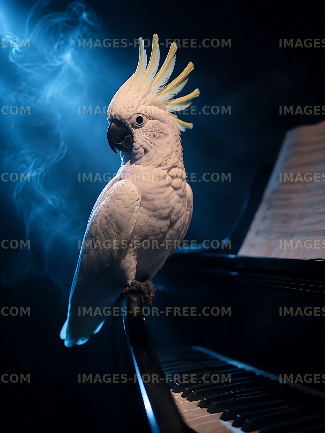 Cockatoo perched on piano in dramatic lighting