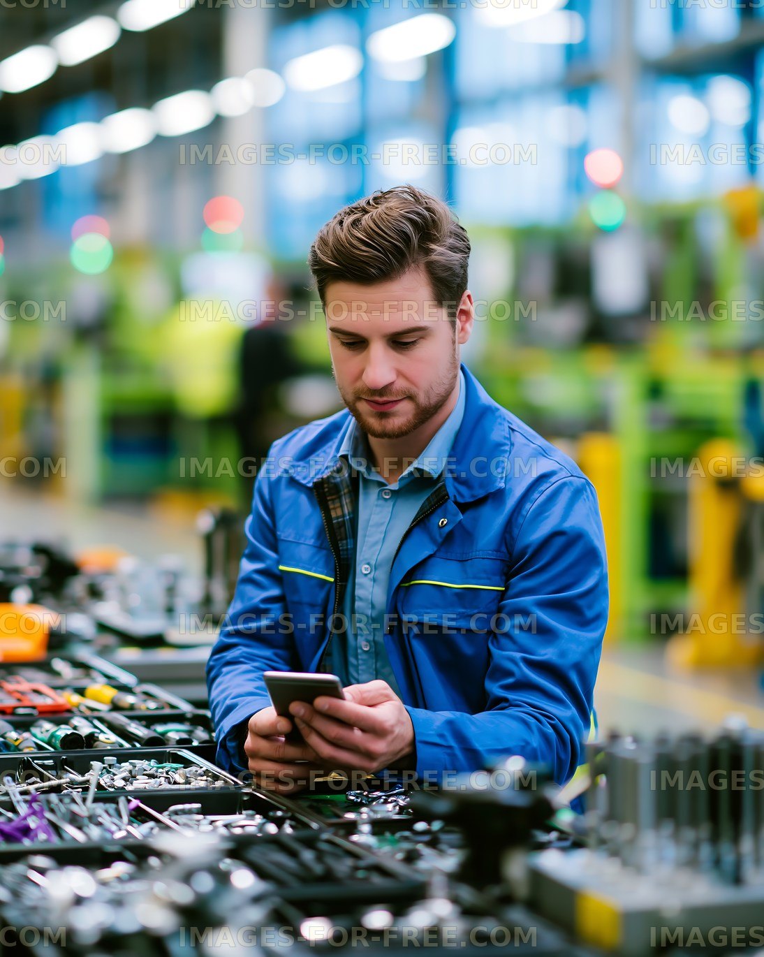 Worker using smartphone in manufacturing facility