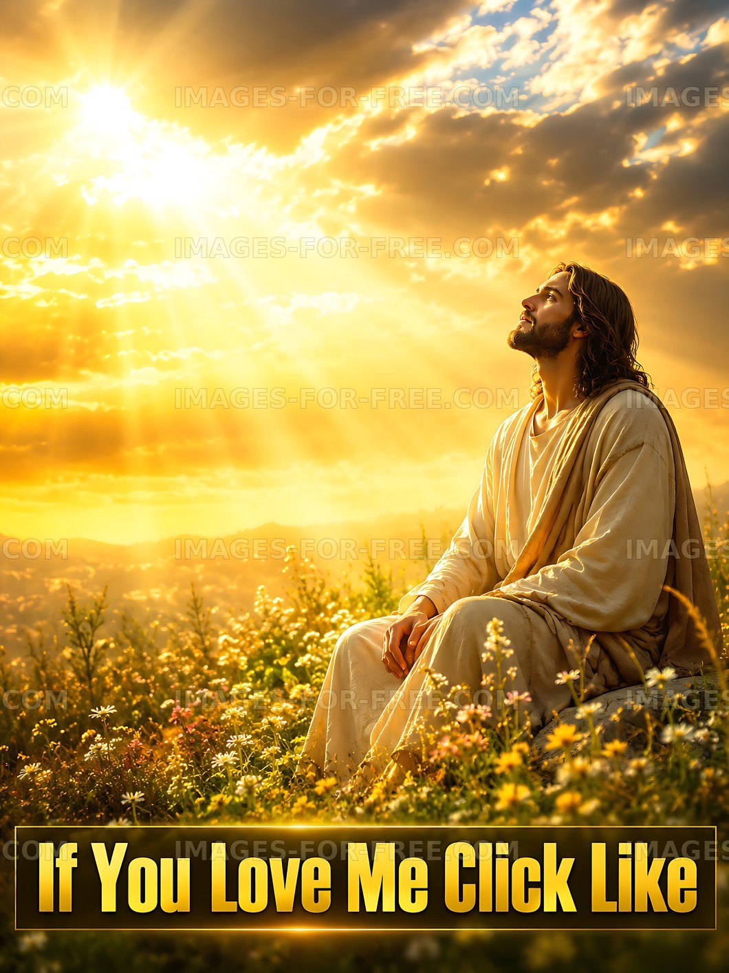 Jesus in a field during sunset