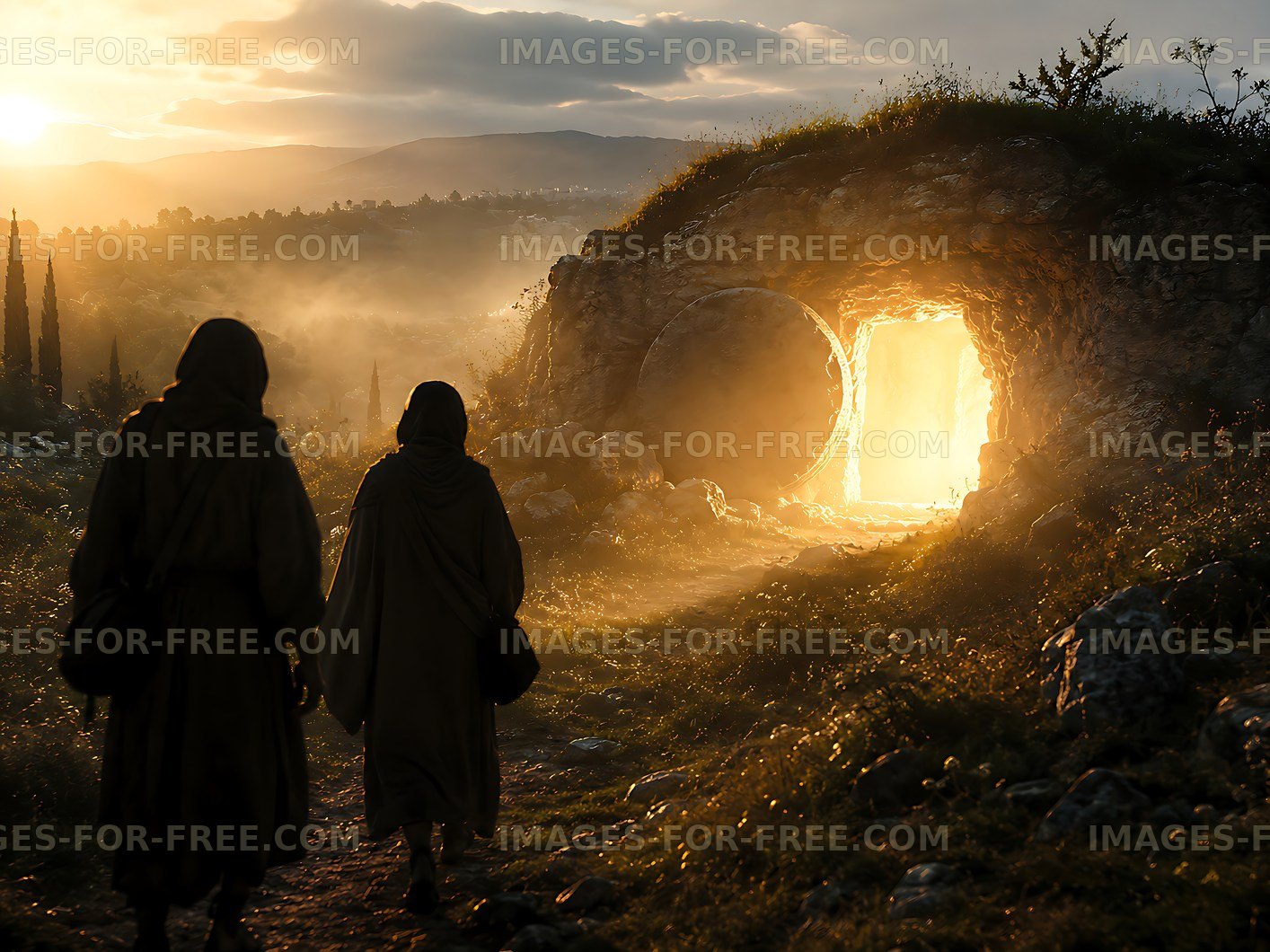 Walkers approaching a glowing cave entrance at sunset