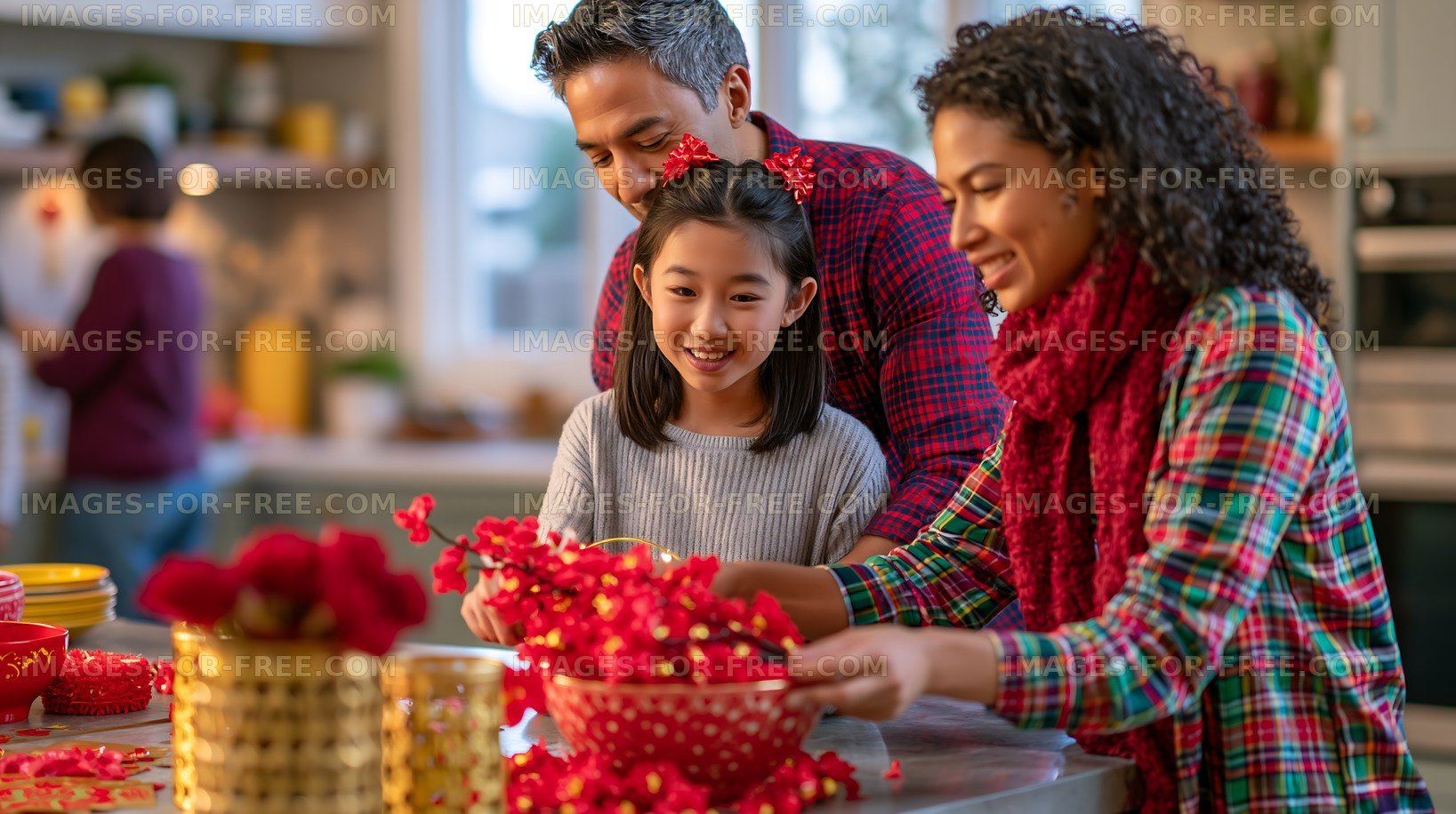 Family preparing decorations for celebration at home
