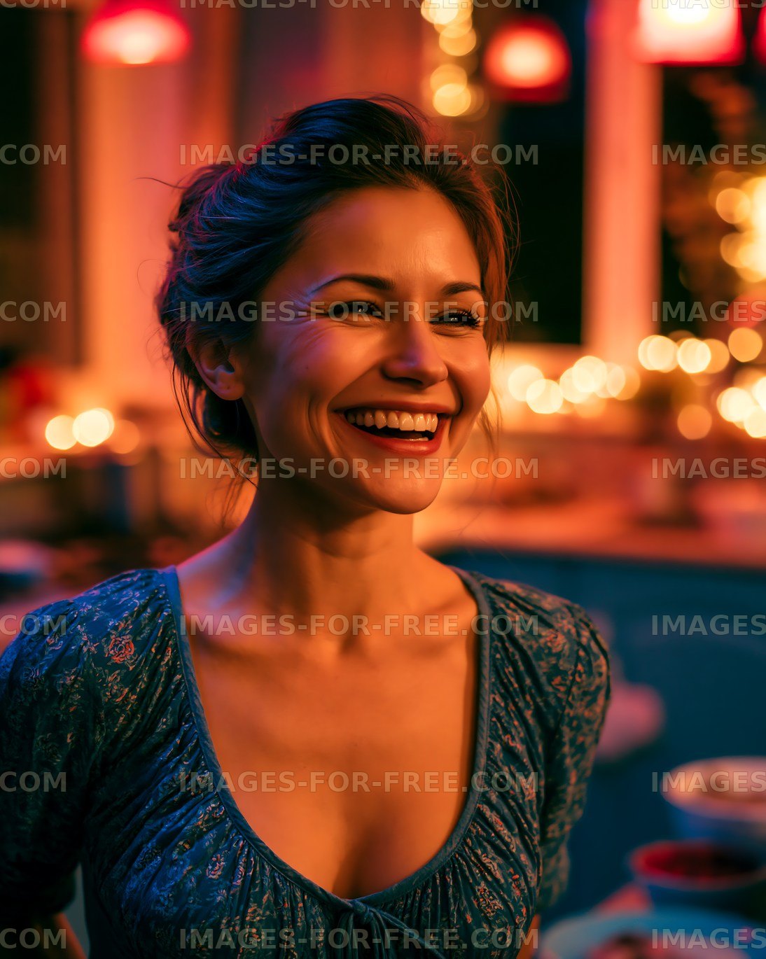 Smiling woman in cozy kitchen with warm lighting