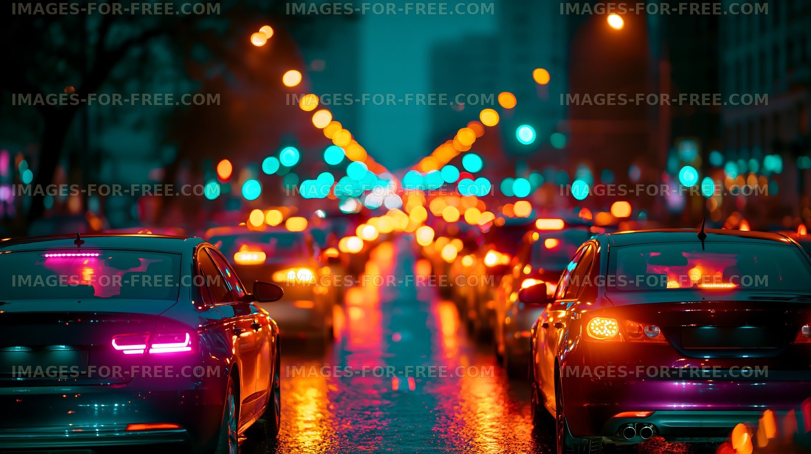 City street at night with moving cars and glowing lights