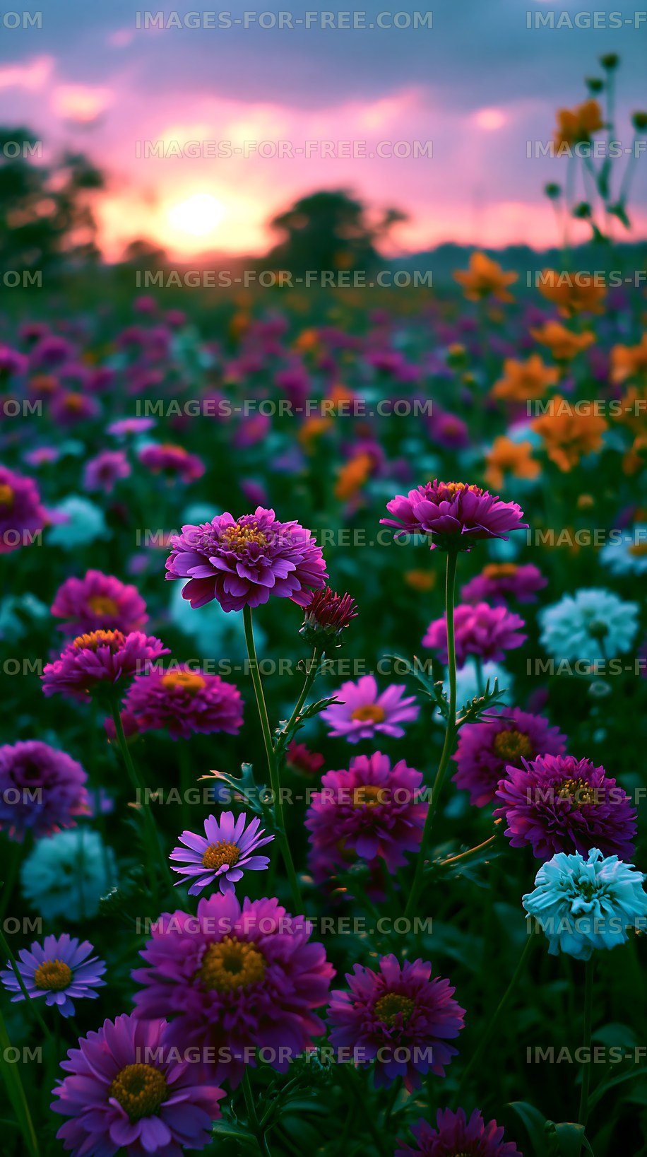 Vibrant flower field during sunset in a garden