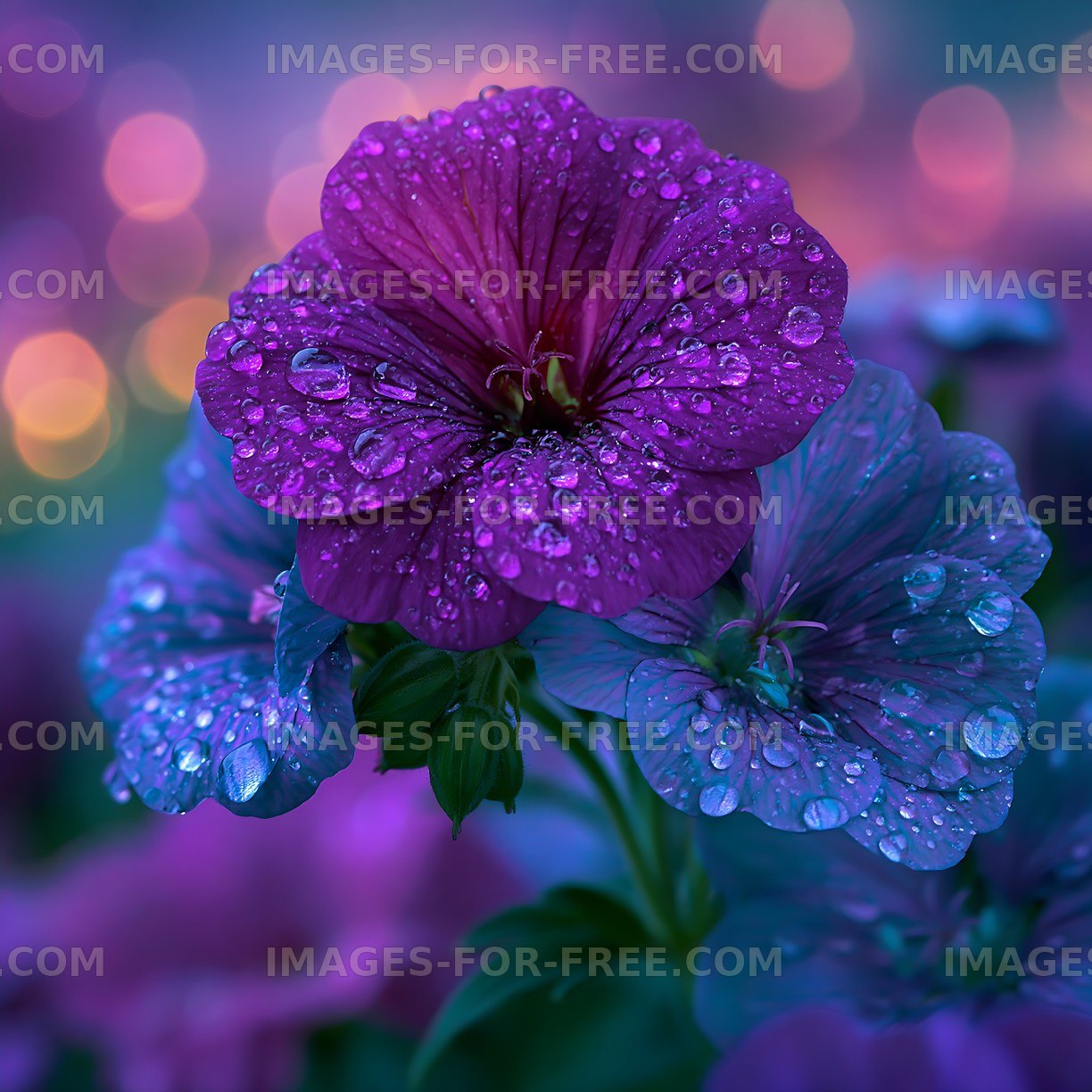 Purple flowers with droplets on petals in soft light