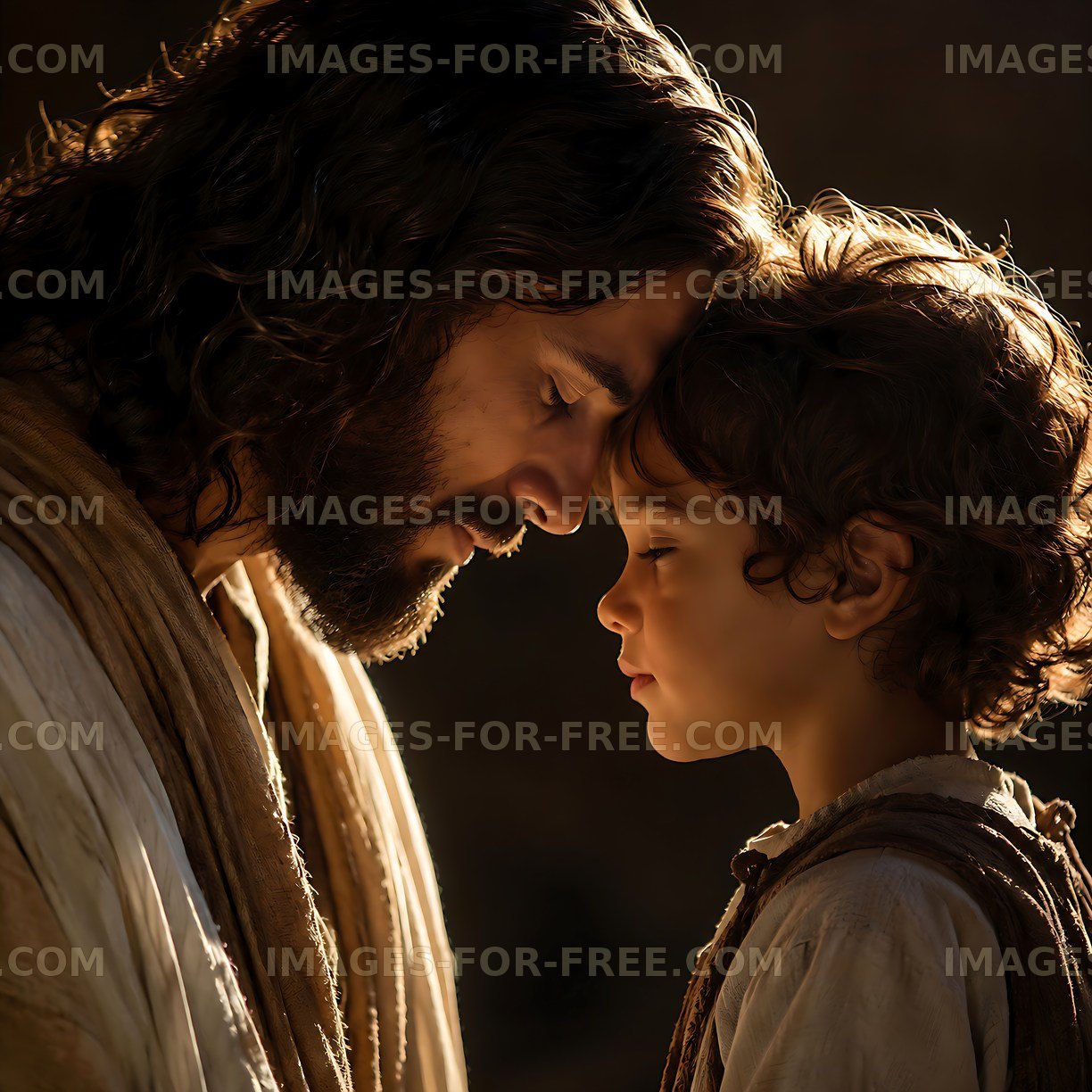 Connection between a man and a child with closed eyes