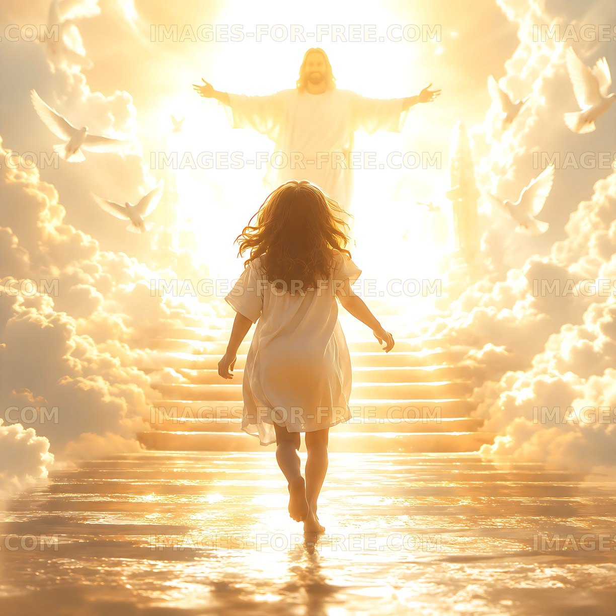 Child approaching figure in bright light