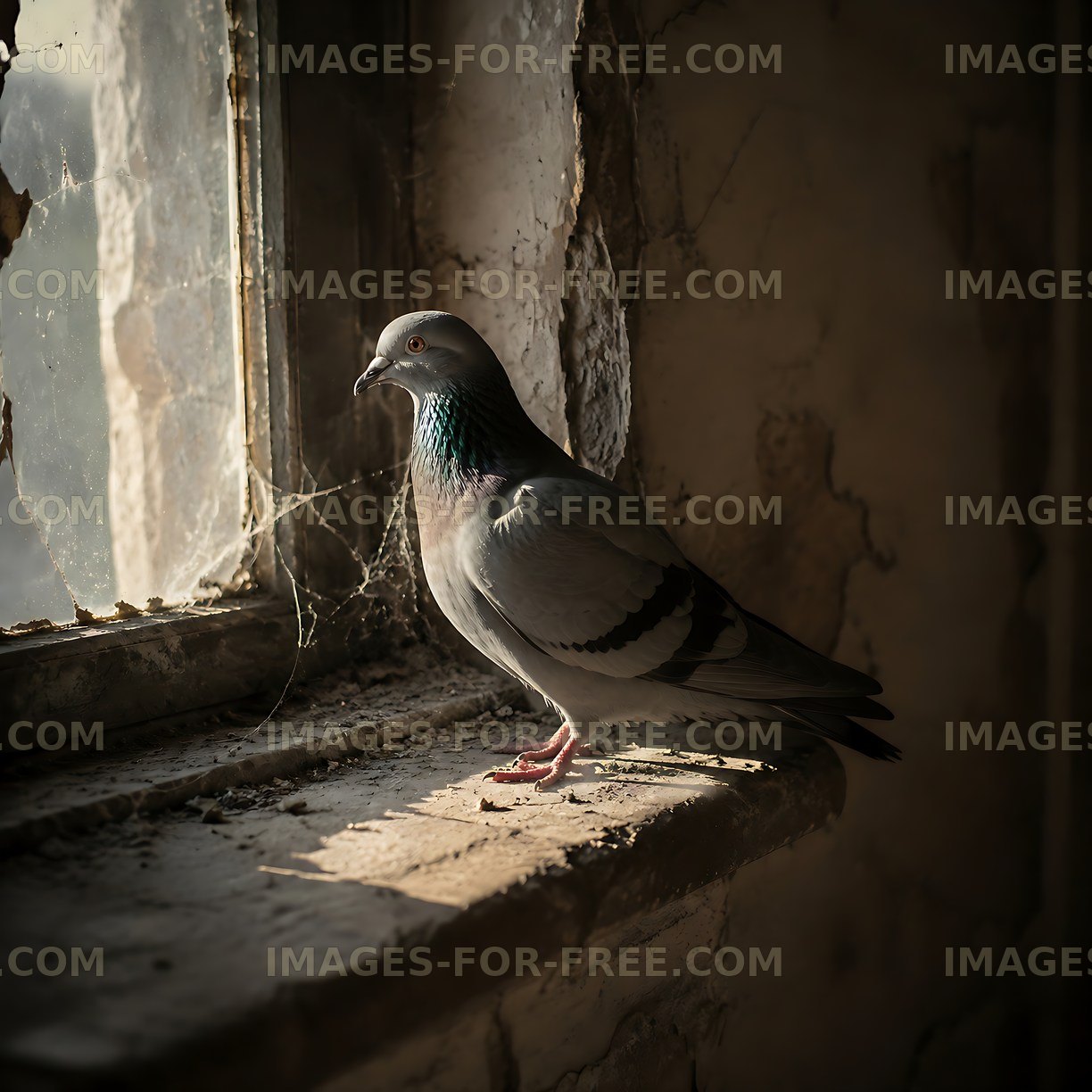 Pigeon resting by a window in an abandoned building